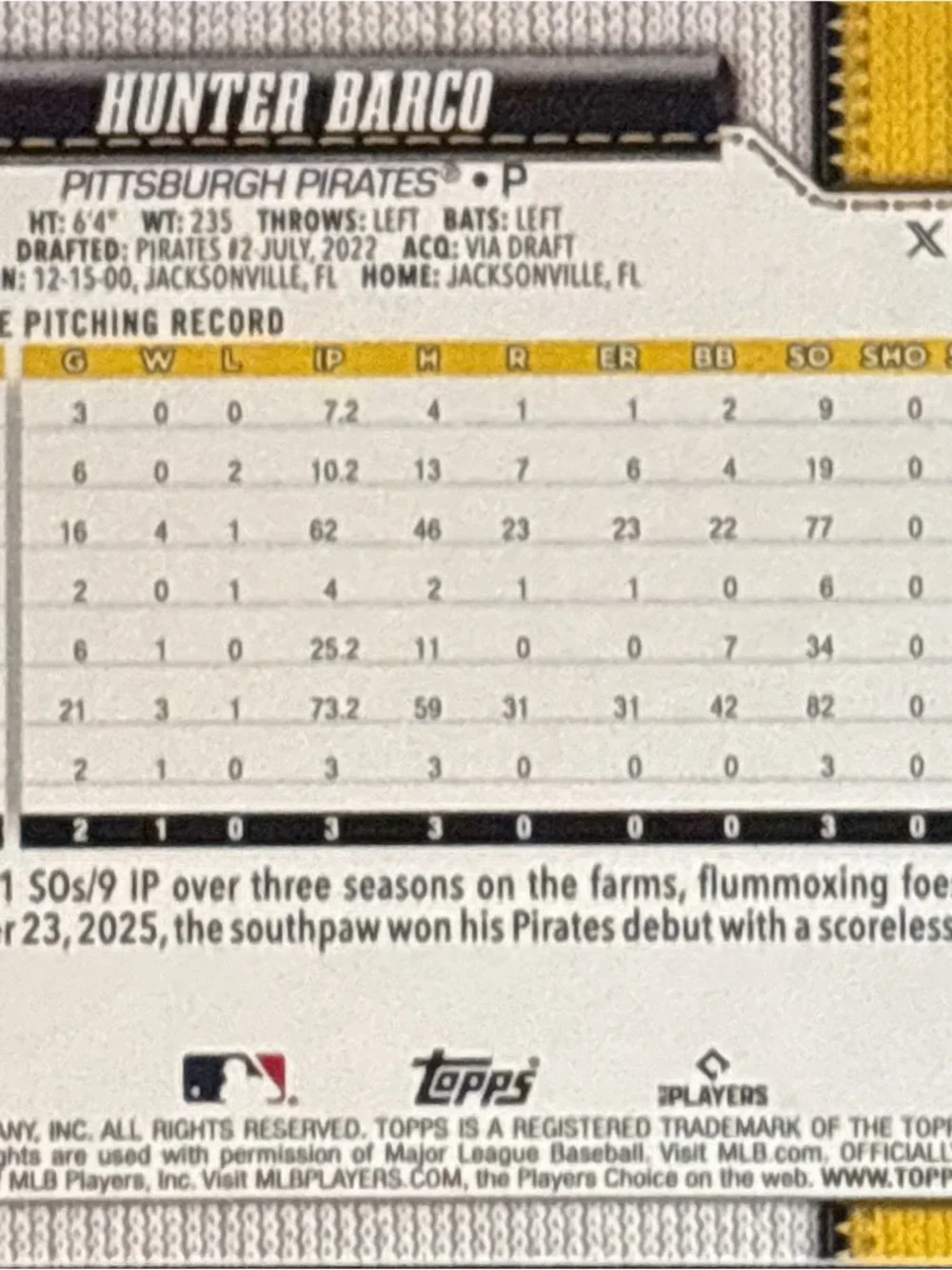 Topps Pittsburgh Pirates Hunter-Barco Rookie Card - Picture 2 of 2